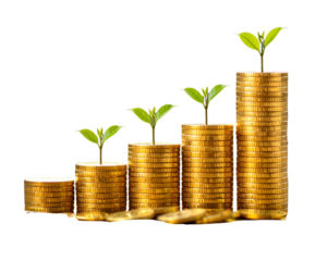 Golden coins stacked beside a rising graph signify business growth and financial