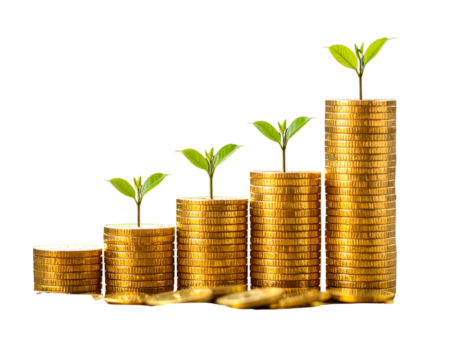 Golden coins stacked beside a rising graph signify business growth and financial