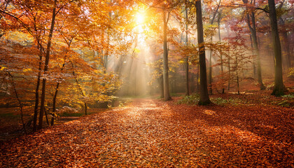 Naklejka premium A Peaceful Forest Path Covered In Orange Leaves With Sun Rays Shining Through The Trees Copy Space Above