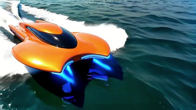 A partially submerged boat that is speeding through the water. The boat has a sleek, futuristic design with a combination of orange and blue colors.