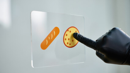 Artisanal Food Selection A Gloved Hand Tapping a Transparent Display Featuring Bread and Pizza Icons in a Modern and Minimalist Style Against a Clean Background