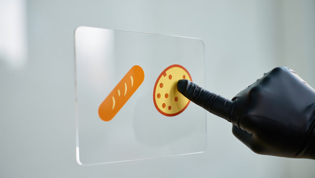Artisanal Food Selection A Gloved Hand Tapping a Transparent Display Featuring Bread and Pizza Icons in a Modern and Minimalist Style Against a Clean Background
