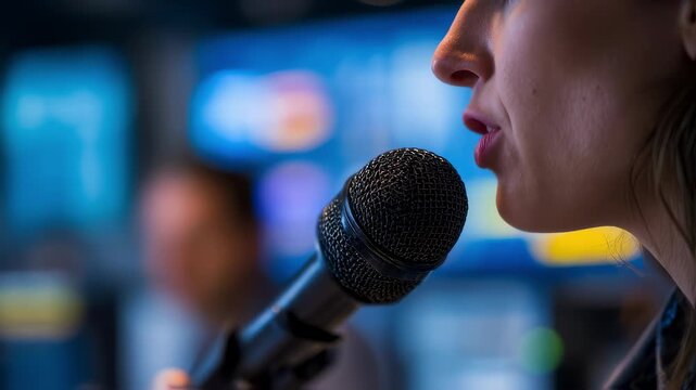 Close medium shot of a commentator speaking into a talkback microphone focused on mouth and mic with blurred monitors and colleague in background.