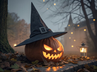 Spooky Halloween Pumpkin Witch Hat Scene