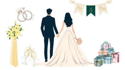wedding scene groom and bride with gifts and rings