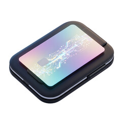 Modern digital device with iridescent screen displaying abstract technology pattern on dark surface transparent background