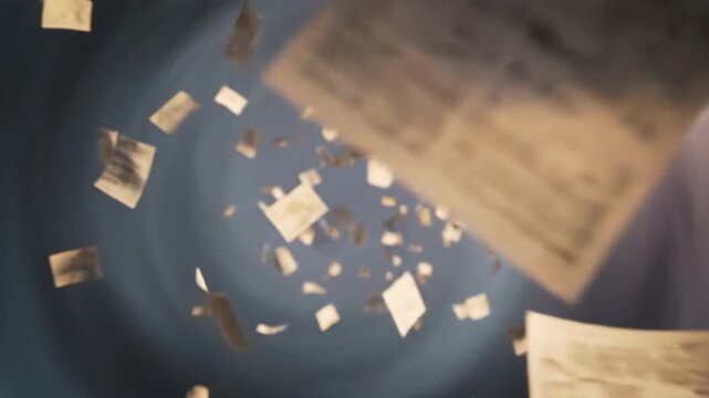 Papers, documents, and letters swirl in dramatic vortex, creating chaos and movement as flying sheets spiral through blurred background, emphasizing dynamic energy and abstract motion