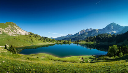 Serene Mountain Landscape With Lake And Forested Hills Under Clear Blue Sky
