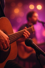 Fototapeta premium Acoustic guitar player performing live with microphone and blurred musician in background