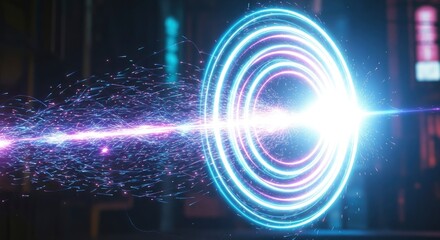Obraz premium A vibrant light beam surrounded by radiant particles pierces through multiple glowing concentric rings in a dark environment