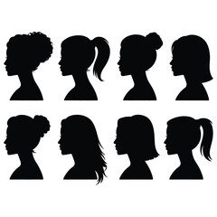 Vector silhouettes set of women's profile icons with different hairstyles and outlines
