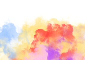 Red Yellow Blue Watercolor Cloud PNG – Bright Multicolor Smoke Effect on Transparent Background: Cloud-like watercolor texture blending vivid red, golden yellow, soft blue, and touches of purple