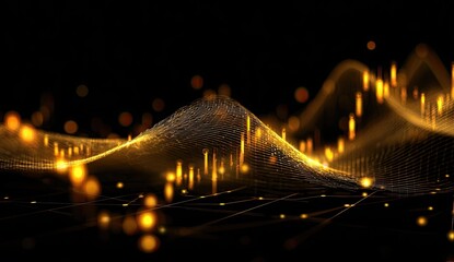 Abstract gold data visualization on a dark background.  Golden lines and particles form a wave-like pattern, overlaid with grid and chart elements.  Glowing orange highlights enhance the 3D effect