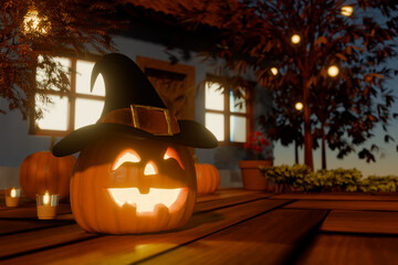 Halloween carved pumpkin with witch hat on wooden floor in autumn evening. 3d rendering