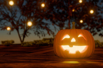 Halloween glowing jackolantern pumpkin on wooden surface at dusk. 3d rendering