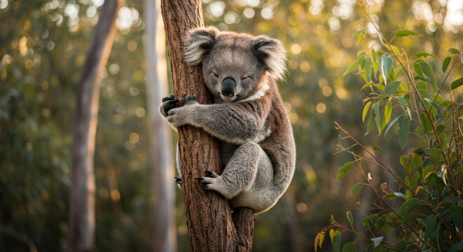 A koala sleeps soundly clinging to a tree trunk in a forest