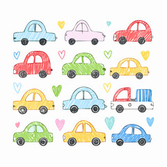 Crayon drawn naive funky kid cars collection. Graphic sketch childish pencil drawn elements. Vector black ink illustration.