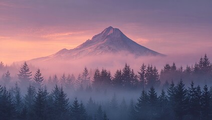Obraz premium Majestic mountain peak at dawn, shrouded in mist. Misty forest at base. Soft, vibrant colors