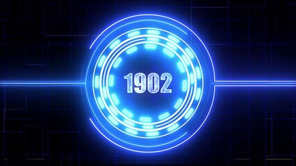 Bright Blue Neon Circle With Number 1902 In Center On Dark Grid Background year glowing