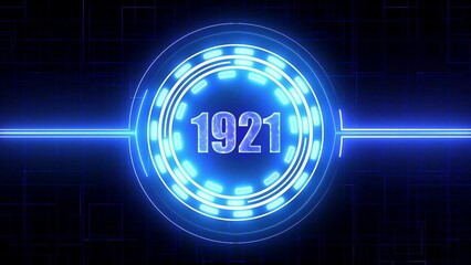 Digital blue neon circle displaying the year 1921 on a dark grid background number numeral