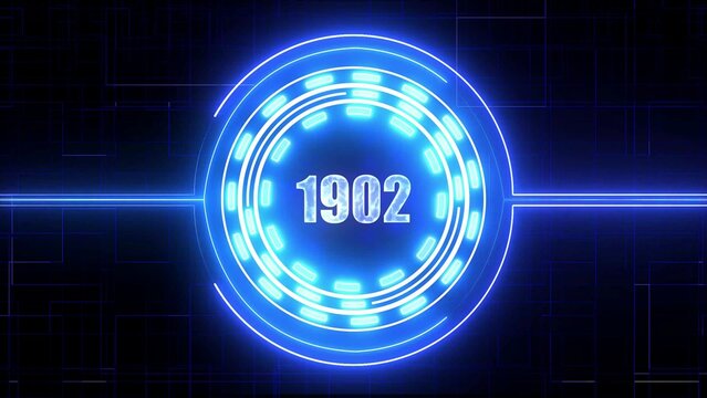 Bright Blue Neon Circle With Number 1902 In Center On Dark Grid Background year glowing