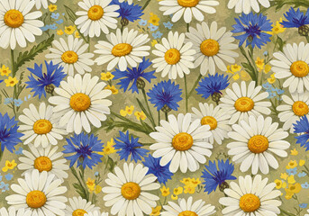 Elegant daisies and cornflowers create a vibrant floral pattern for a fresh spring design or cheerful wallpaper