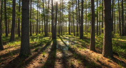 Obraz premium Sunlit pine forest pathway