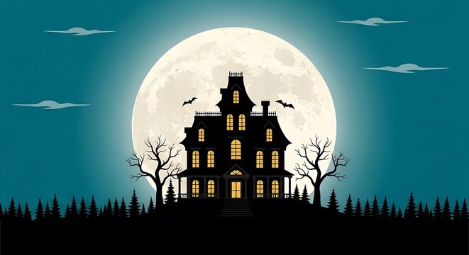 Spooky mansion under the moonlight, perfect for halloween themed designs