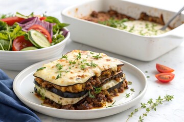 Delicious eggplant lasagna served with fresh salad and cherry tomatoes