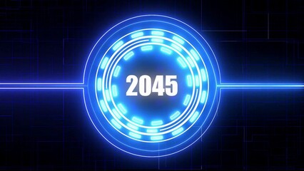 Blue Neon Circle Displaying Year 2045 On A Dark Digital Grid Background future futuristic