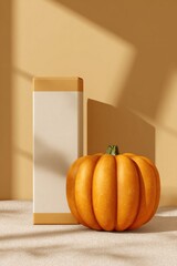 Realistic Pumpkin Mockup with Vertical Product Box on Beige Background
