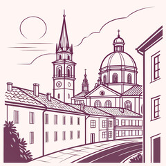 Minimal silhouette of an old european city skyline with historic towers and buildings