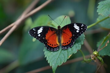 Fototapeta premium Orange and black butterfly on leaf