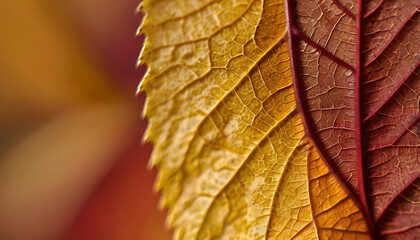 Macro Shot of a Colorful Autumn Leaf with Detailed Veins, Ideal for Seasonal, Nature, and Abstract Backgrounds