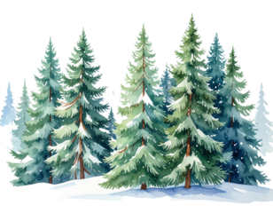  Snowy Forest Landscape with Watercolor Evergreen Trees, Transparent Background