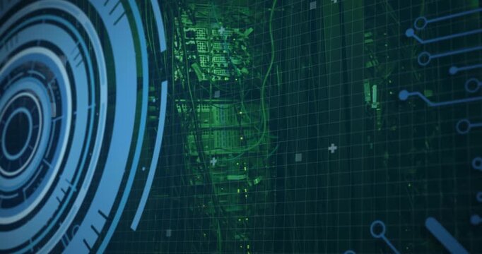 On start concentric blue rings pulsing code text scrolling over server rack showing system health