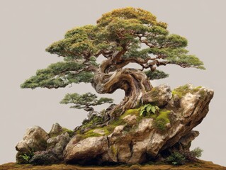Fototapeta premium Discover tranquility with this stunning bonsai tree perched on mossy rocks, evoking peace and harmony in your design projects today