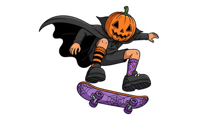 Creative cartoon of a festive pumpkin-headed character in a flowing cape performing a dynamic skateboarding trick