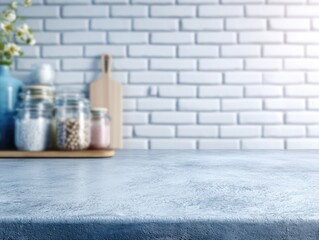 Obraz premium Light-blue countertop, blurred kitchenware