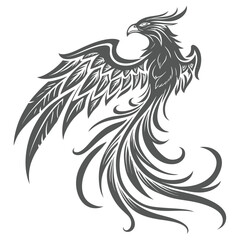 Abstract monochrome silhouette of a phoenix bird in flight representing rebirth and power