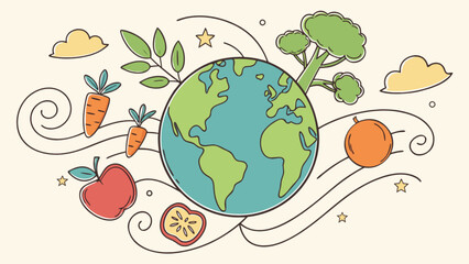 Healthy planet earth with fruits vegetables and clouds