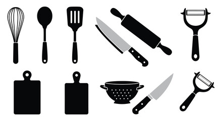 a collection of various kitchen utensils and tools displayed