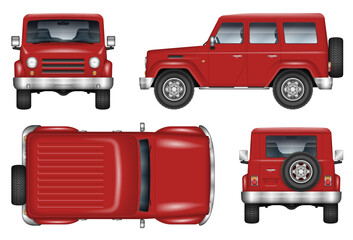 Red SUV car vector mockup for vehicle branding, advertising, corporate identity. Isolated template of realistic offroad truck on white background. All elements in the groups on separate layers