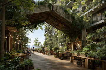 Fototapeta premium A futuristic green rest area or park built over a highway, a concept for sustainable urban design. This image visualizes the integration of nature and infrastructure in the city of the future.