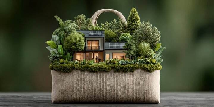Modern sustainable green house with solar panels in shopping bag promoting eco friendly living