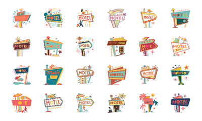 Colorful Travel and Vacation Icons Set with Anchor, Umbrella, Bed, Camper Van, Car Rental, Cruise Ship, Hotel, Lighthouse, Motel, Restaurant, Taxi and Yacht Illustrations