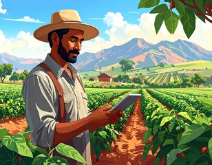 A farmer uses a tablet in a coffee plantation