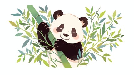 A panda illustration sits peacefully holding bamboo with its paws surrounded by green leaves creating a natural frame sy