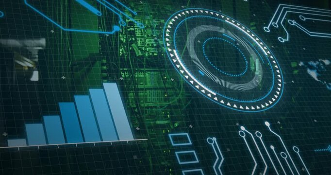 On sequence start circular HUD rotating, pulsing and lines connecting visualizing hardware status