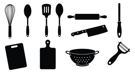 a collection of various kitchen utensils and tools displayed